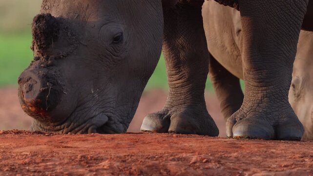 Close up of dehorned rhino, showing conservation efforts to prevent illegal poaching and protect endangered wildlife in African reserve