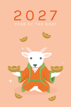 Cute Chinese New Year 2027 Year of the Goat greeting card vector. Design for Lunar New Year poster, festive banner, holiday invitation, zodiac celebration and red gold background.