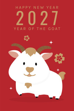 Cute Chinese New Year 2027 Year of the Goat greeting card vector. Design for Lunar New Year poster, festive banner, holiday invitation, zodiac celebration and red gold background.