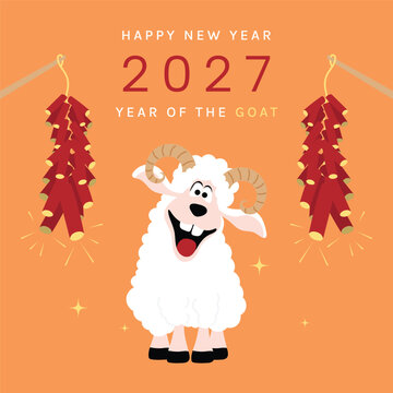 Cute Chinese New Year 2027 Year of the Goat greeting card vector. Design for Lunar New Year poster, festive banner, holiday invitation, zodiac celebration and red gold background.