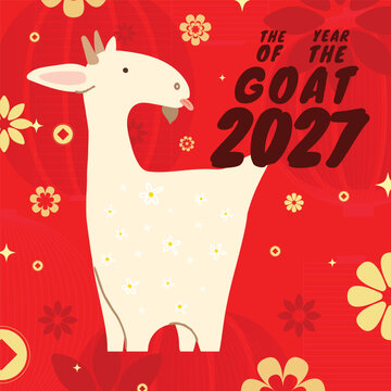 Cute Chinese New Year 2027 Year of the Goat greeting card vector. Design for Lunar New Year poster, festive banner, holiday invitation, zodiac celebration and red gold background.