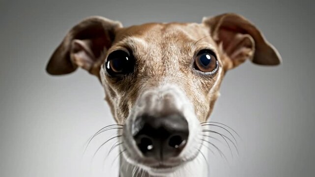 A close-up portrait of a curious dog looking directly at the camera with big eyes.