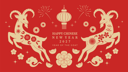 Cute Chinese New Year 2027 Year of the Goat greeting card vector. Design for Lunar New Year poster, festive banner, holiday invitation, zodiac celebration and red gold background. © TWINS DESIGN STUDIO