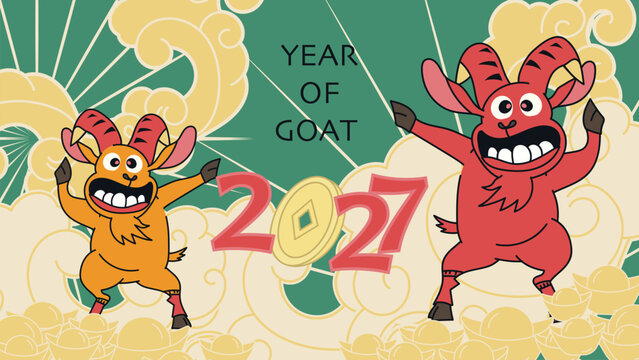 Cute Chinese New Year 2027 Year of the Goat greeting card vector. Design for Lunar New Year poster, festive banner, holiday invitation, zodiac celebration and red gold background.