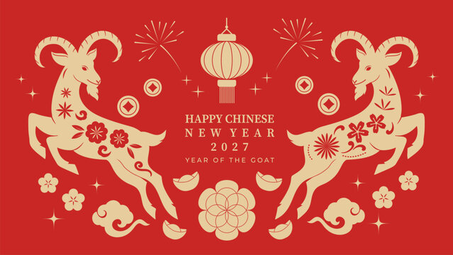 Cute Chinese New Year 2027 Year of the Goat greeting card vector. Design for Lunar New Year poster, festive banner, holiday invitation, zodiac celebration and red gold background.