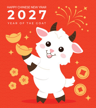 Cute Chinese New Year 2027 Year of the Goat greeting card vector. Design for Lunar New Year poster, festive banner, holiday invitation, zodiac celebration and red gold background.