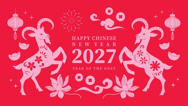 Cute Chinese New Year 2027 Year of the Goat greeting card vector. Design for Lunar New Year poster, festive banner, holiday invitation, zodiac celebration and red gold background.