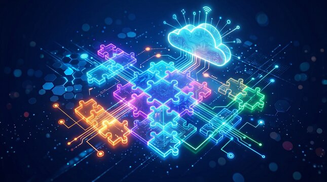 Futuristic digital puzzle interlocking blue API integration concept. Vibrant cloud computing puzzle design with neon colors and digital connections.