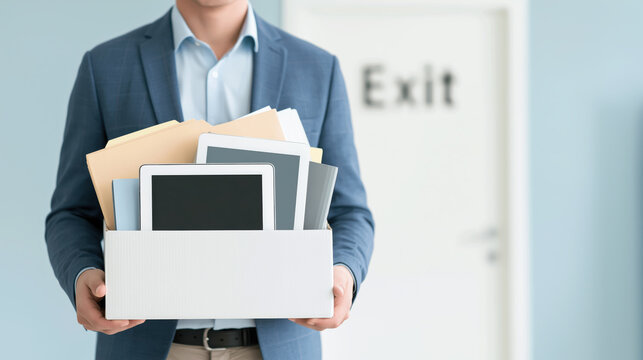 Sad person hold box with laptop and tablet after getting fired from job in corporate office walking to exit door feeling unhappy