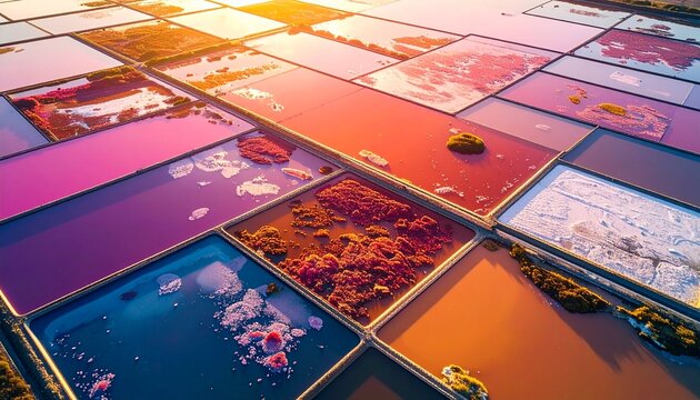 Aerial view of salt evaporation ponds with vibrant geometric patterns at sunset