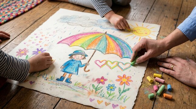 Childhood Protection Concept: Hand-Drawn Pastel Art of a Child Sheltered by a Colorful Umbrella for International Day of Innocent Children Victims of Aggression