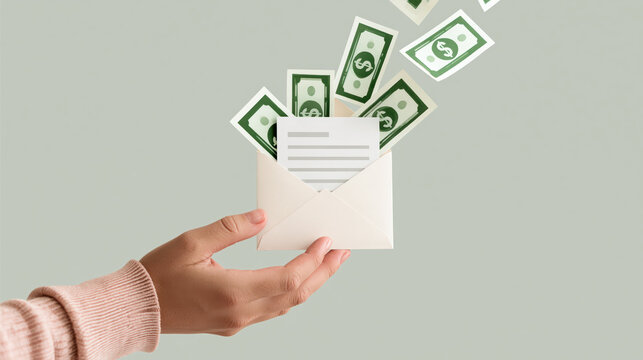 Hand holding envelope with floating money banknotes and document paper symbolizing unexpected financial scam notification or wealth mail