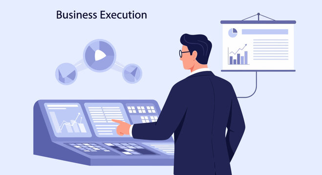 Businessman operating control panel with data graphs and presentation screen