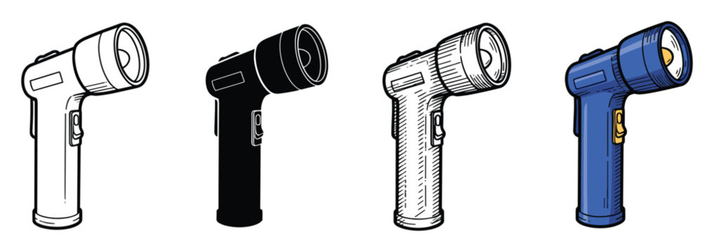 Various detailed flashlights in multiple styles for electrical appliance catalogs and emergency equipment guides