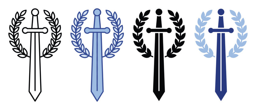 Stylized sword and laurel wreath heraldic symbol conveying strength and victory for award logos