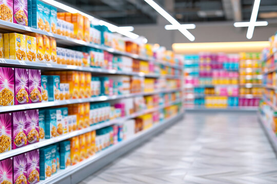 Wide shot of organized supermarket shelves filled with colorful cereal boxes and snacks, showcasing a clean and modern grocery store interior with bright lighting