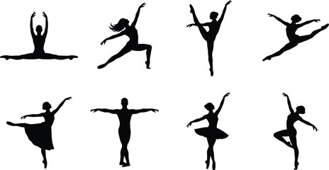 Ballet dancer silhouette collection featuring graceful ballet poses jumps and stretching isolated on gray background for performing arts design © Md