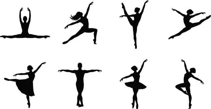 Ballet dancer silhouette collection featuring graceful ballet poses jumps and stretching isolated on gray background for performing arts design
