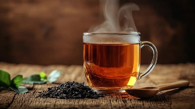 Hot black tea in a clear glass mug with rising steam and dried leaves on a rustic wooden table