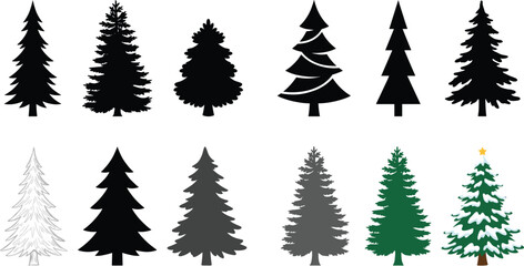 Fototapeta premium Christmas Pine Tree Silhouette and Decorative Evergreen Collection for Winter Holiday Nature and Festive Vector Design Projects