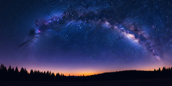 Milky way galaxy over forest silhouette at dusk astrophotography landscape