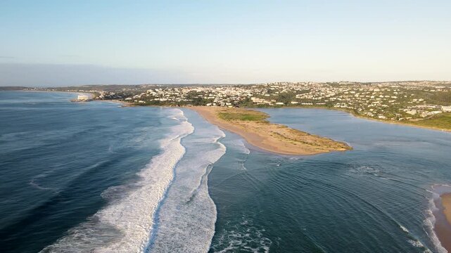 Sunrise drone seascape view over Keurbooms river estuary mouth, Plettenberg Bay