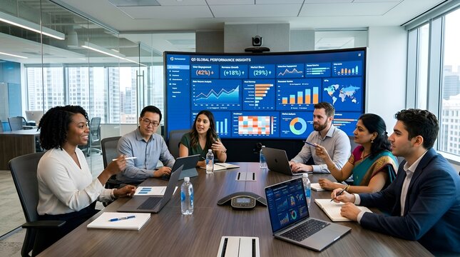Business team collaborative meeting with data analytics on screen