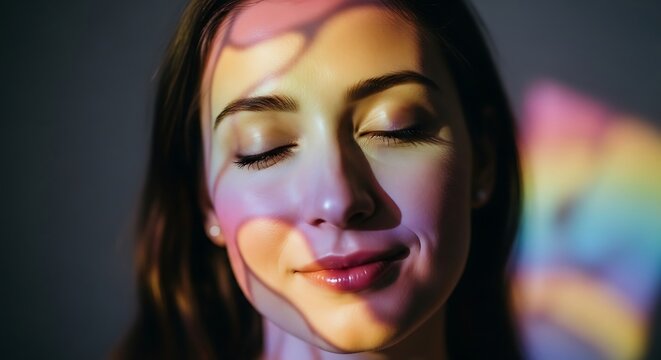 Smiling woman with closed eyes and colorful light abstract shadows on her face.