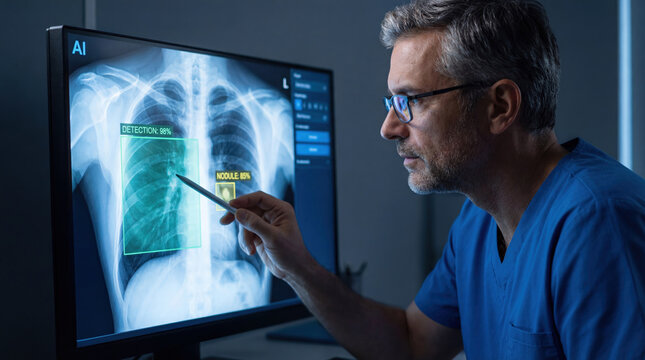 Clinician reviews chest radiograph with artificial intelligence highlighting