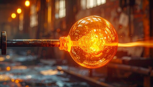 Glassblowing molten glass bubble forming on blowpipe in workshop