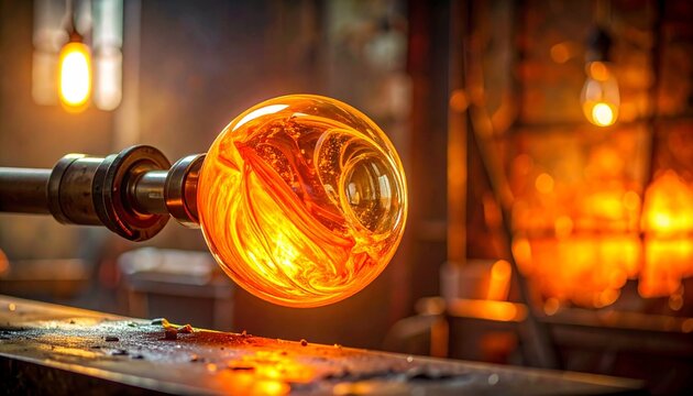 Glassblowing gather with glowing orange molten glass on blowpipe in studio