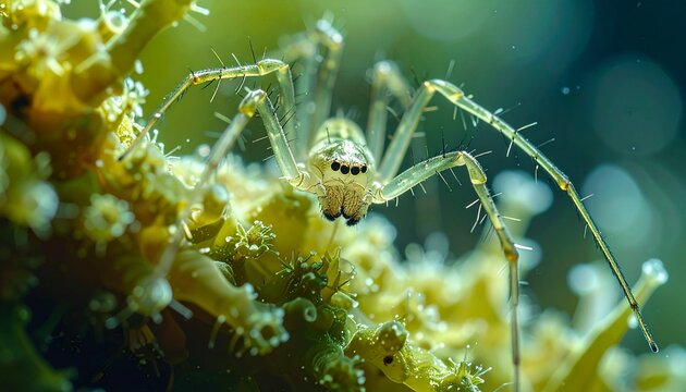 Macro close-up of sea spider clinging to hydroid in natural habitat