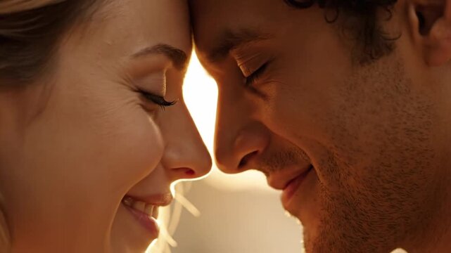 Close-up of a loving couple with their foreheads touching, sharing an intimate moment.