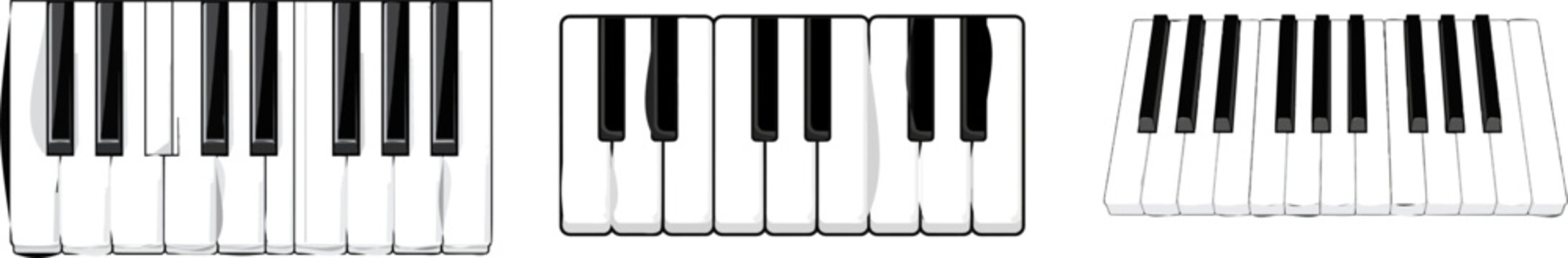 A minimalist piano keyboard illustration in flat vector art style features three long white rectangles with two short black rectangles between them, rendered in solid colors on a high-resolution