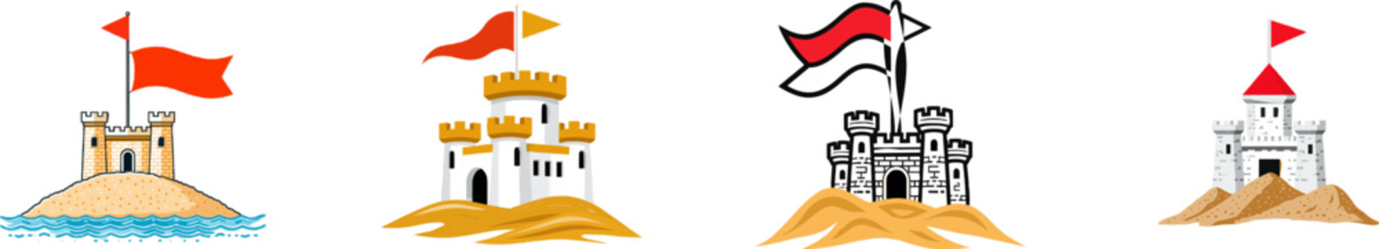 A minimalist sandcastle flag design features a small triangular shape atop a thin vertical line, rendered in flat 2D vector art with bright red, white, and tan colors, set against a minimalistic