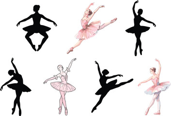Collection of ballerina dancer silhouettes and ballet illustrations in elegant performance poses isolated on light background for design © Md