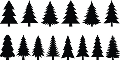 Obraz premium Evergreen Pine Tree Silhouette Collection with Minimal Forest Shapes for Christmas Nature and Vector Design Projects