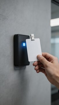 A close-up view of a hand holding a blank white access card near a black electronic security reader on a gray wall, highlighting a modern security system in an office or building setting.