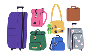 Travel, school and hiking bags set. Hand baggage, adventure and holiday luggage, carry-on. Wheeled rolling suitcase, backpack, briefcase. Flat vector illustration isolated on white background