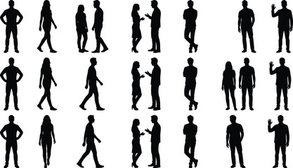 Collection of business men and women silhouettes featuring walking standing talking and greeting poses isolated on white background © Md