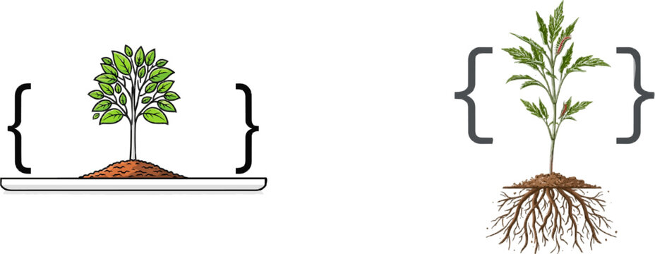 A vibrant green tree sprouts from a bed of rich brown soil within the confines of a computer code bracket, symbolizing the harmonious blend of technology and nature in sustainable development