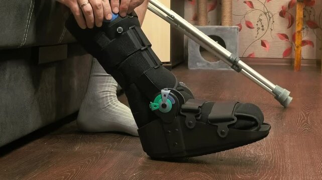 Close up hands tightening straps on medical walking boot, injury recovery process, rehabilitation and orthopedic care concept.