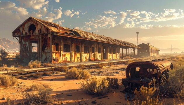 Abandoned train carriage rusting on desert railway track at sunset
