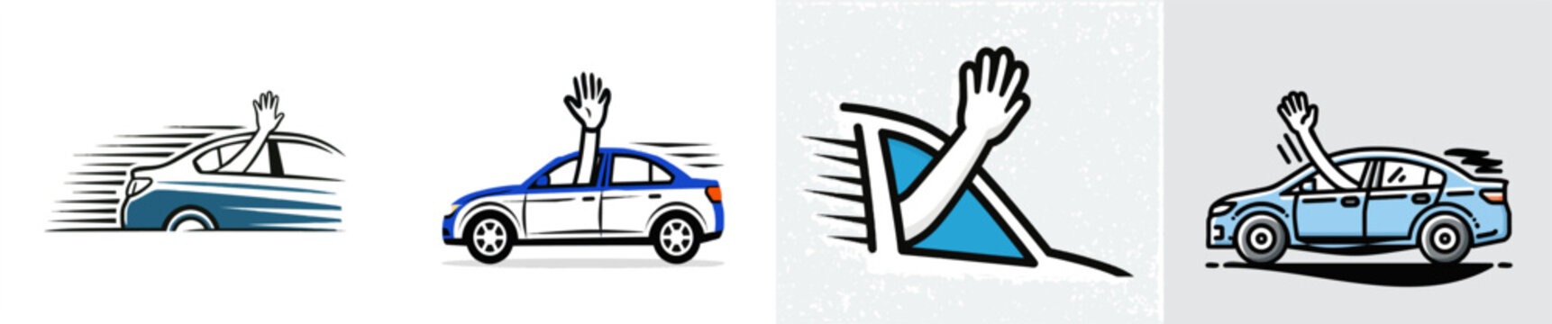 A blue car speeds away with a person waving through the window, leaving behind a clean, modern departure scene in high resolution