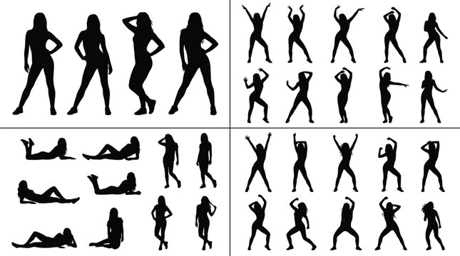 Collection of female dancing and posing silhouettes featuring stylish women in fashion and party movement poses isolated background