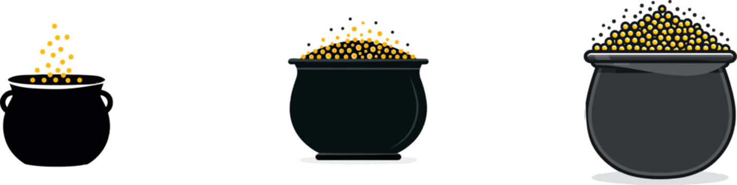 A minimalist black cauldron overflowing with golden yellow circles, side view, isolated on white background