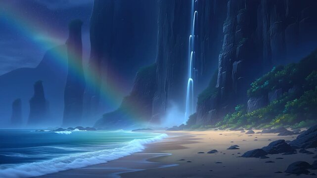 Serene Beach Scene At Night Featuring Vibrant Rainbow Arching Over Majestic Cliffs and Waterfall Cascading Into The Ocean Illuminated By Moonlight