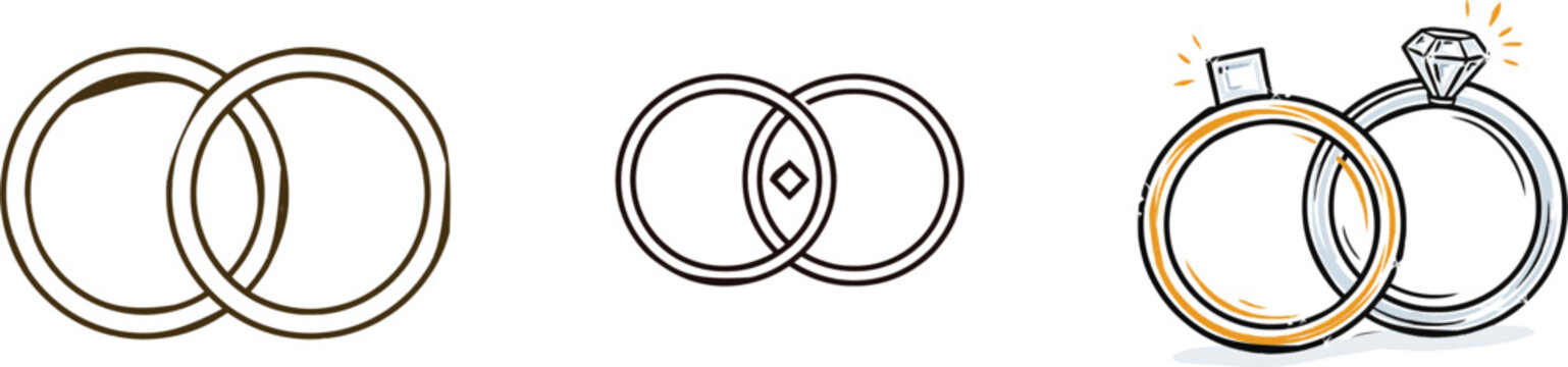 A minimalist wedding ring design features two interlocking circles with a small square gem in the center, rendered in flat vector art with gold, silver, and white colors on a high-resolution isolated