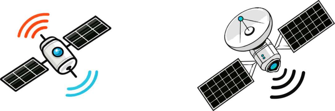 A sleek satellite with solar panels and a transmission wave in an isometric perspective design