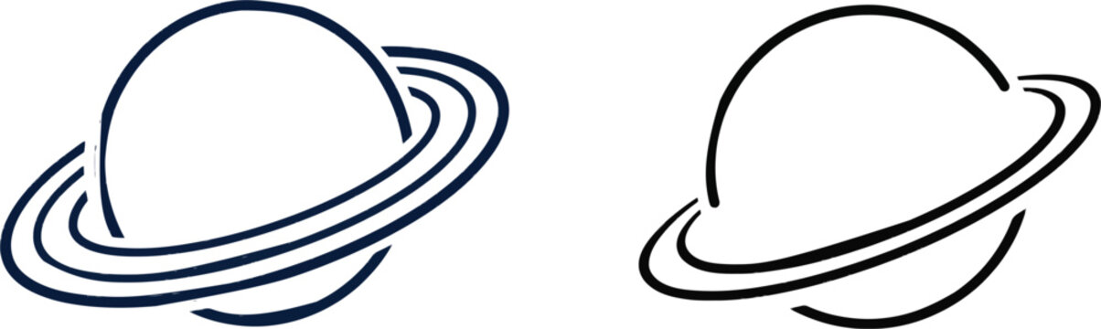 A minimalist geometric design of a planet with a curved arc shape and a smaller parallel arc next to it, rendered in flat 2D vector art with solid colors pale yellow, navy blue, and white, isolated